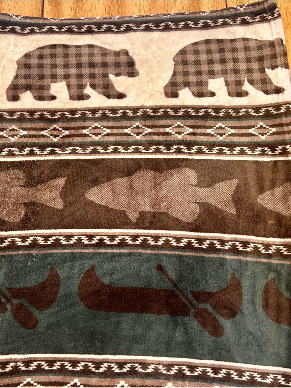 Rustic Bear, Fish & Canoe Throw Blanket - Brown and Green 50x60
